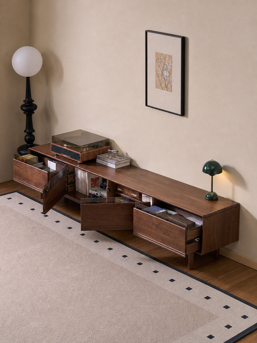 Rowan Solid Walnut TV Unit with drawers and cabinet doors open