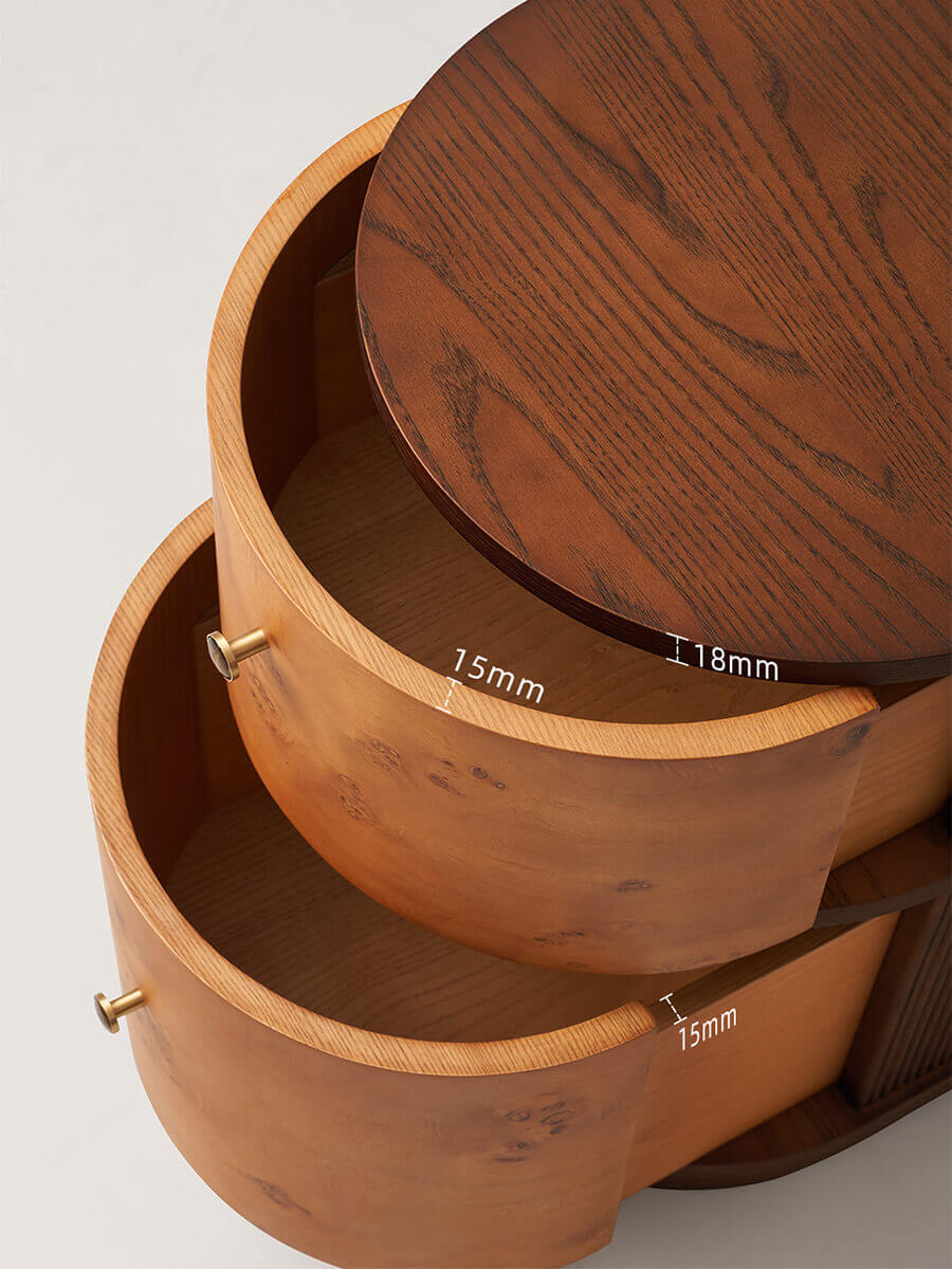 Curved burl veneer drawers of the Sable bedside table