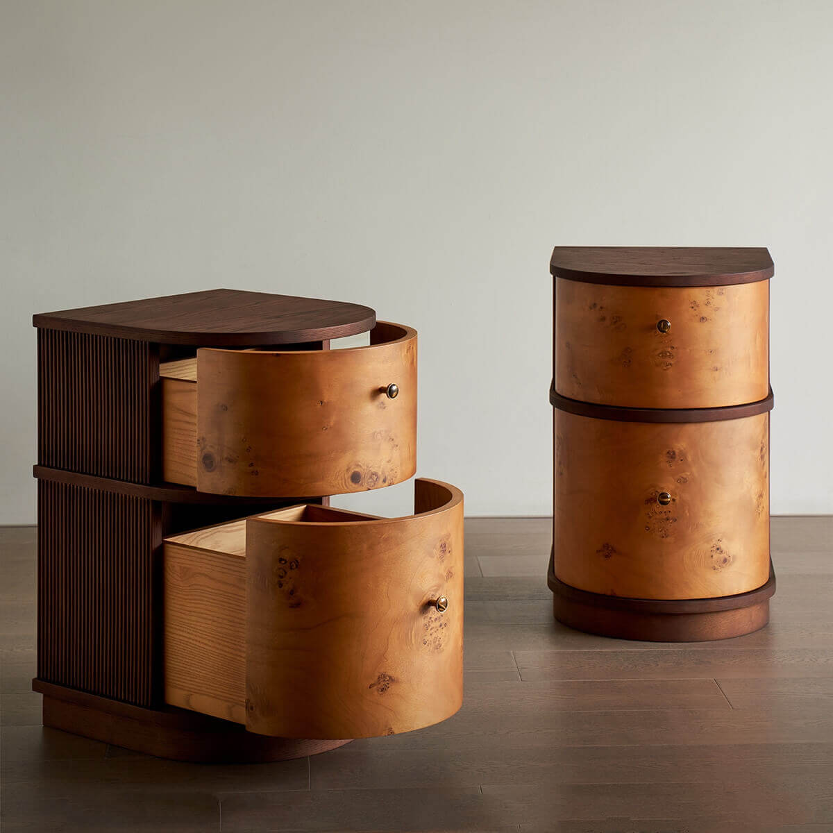 Sable bedside table with curved burl veneer drawers