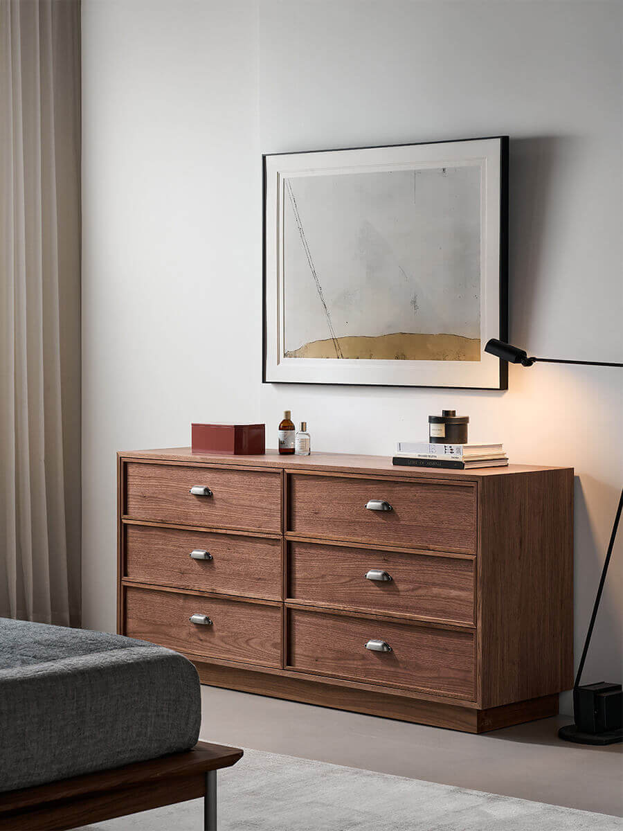Sala Walnut 6 Drawer Chest of Drawers in a contemporary bedroom