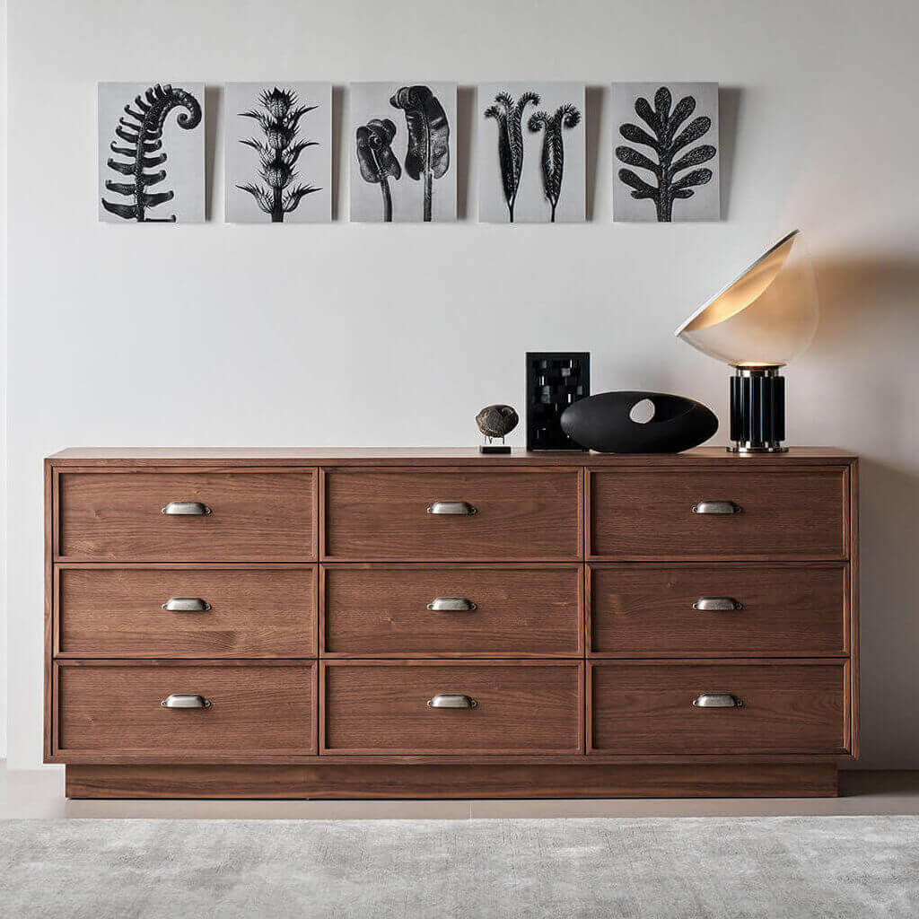 Sala Walnut 9 Drawer Chest of Drawers in a contemporary living room