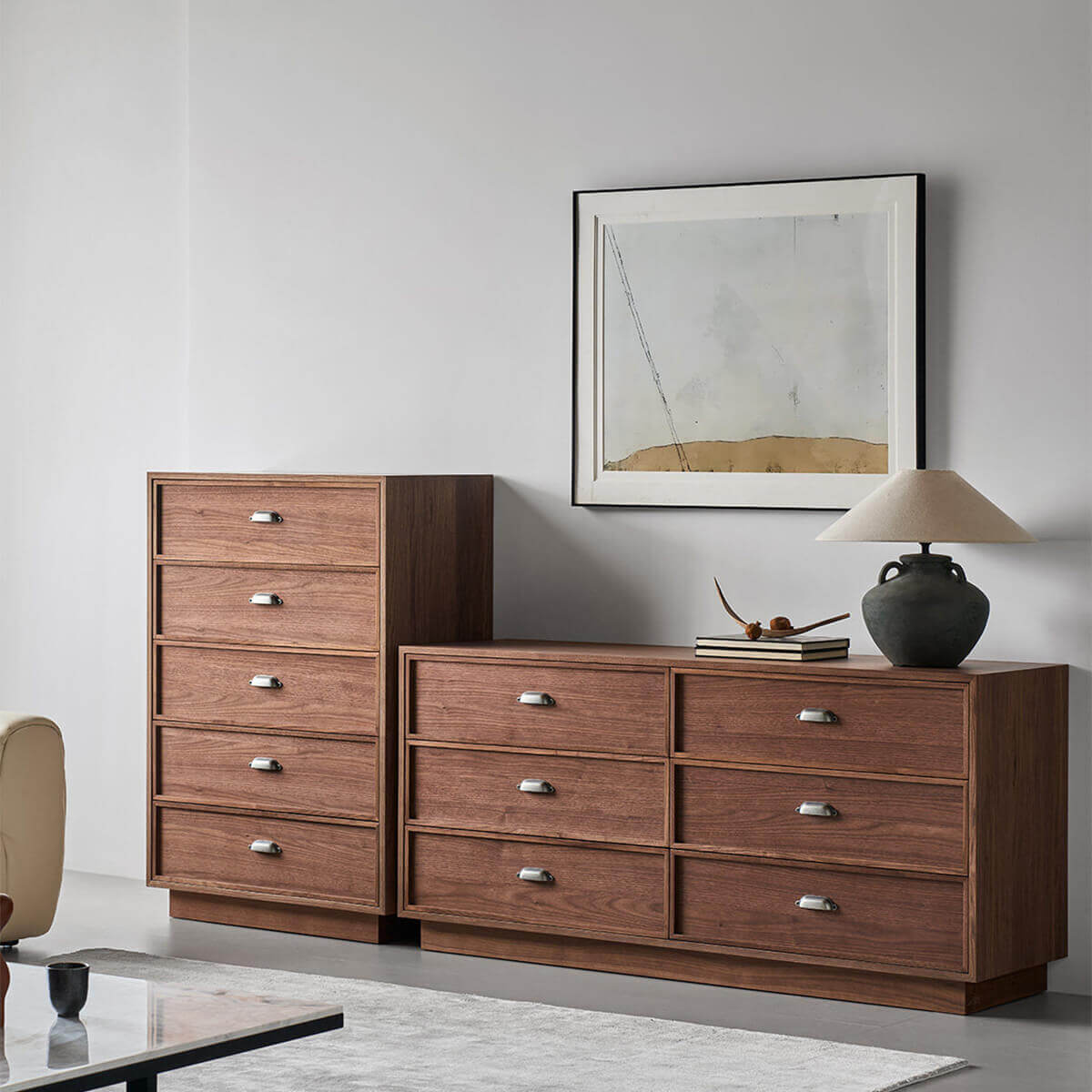 Sala Walnut Chest of Drawers collection including 5 and 6 drawer models