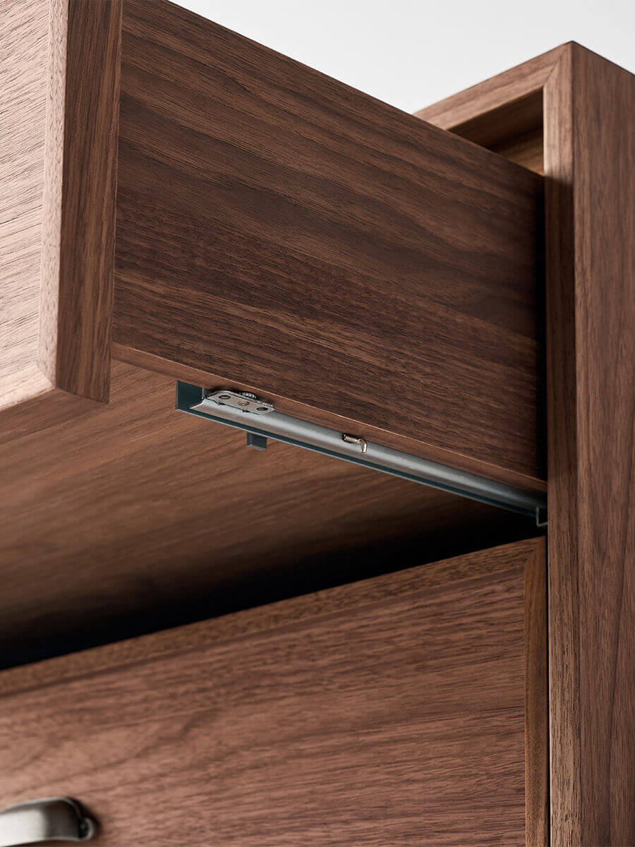 Smooth drawer runner detail on the Sala Walnut Chest of Drawers