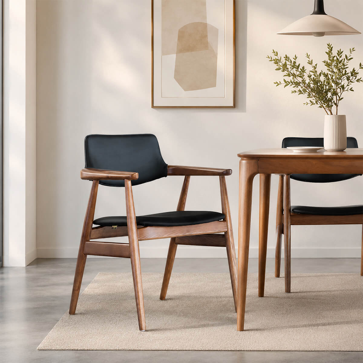 Sam Solid Ash Dining Chair with Black Top Grain Leather Upholstery