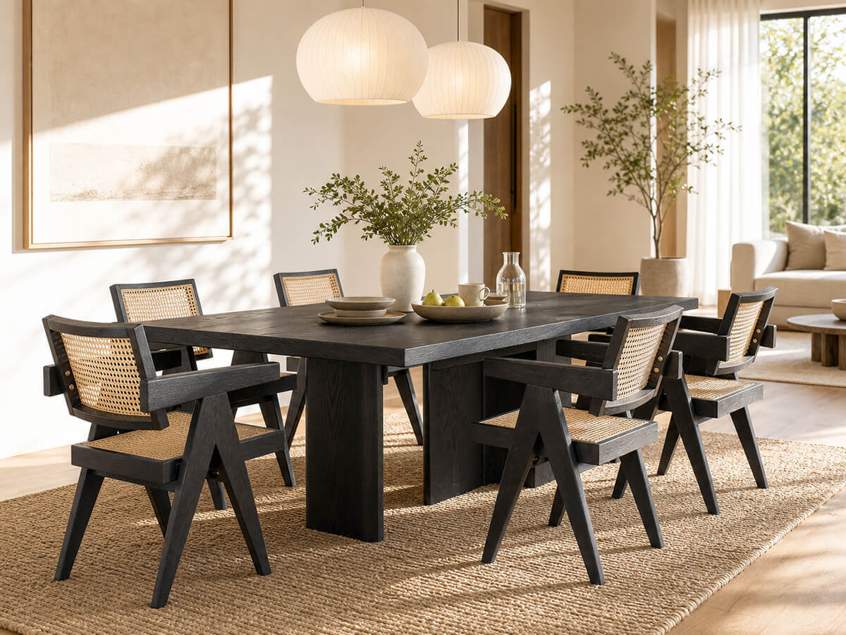 Sandy dining chairs paired with a contemporary black dining table