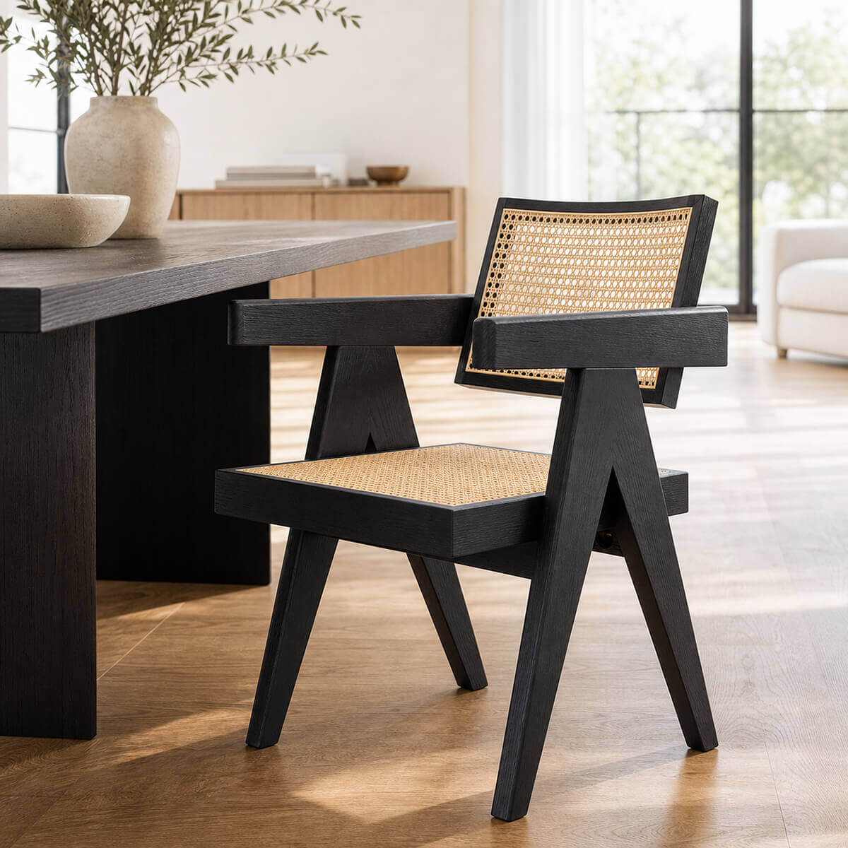 Sandy dining chair with black ash wood frame and woven rattan seat