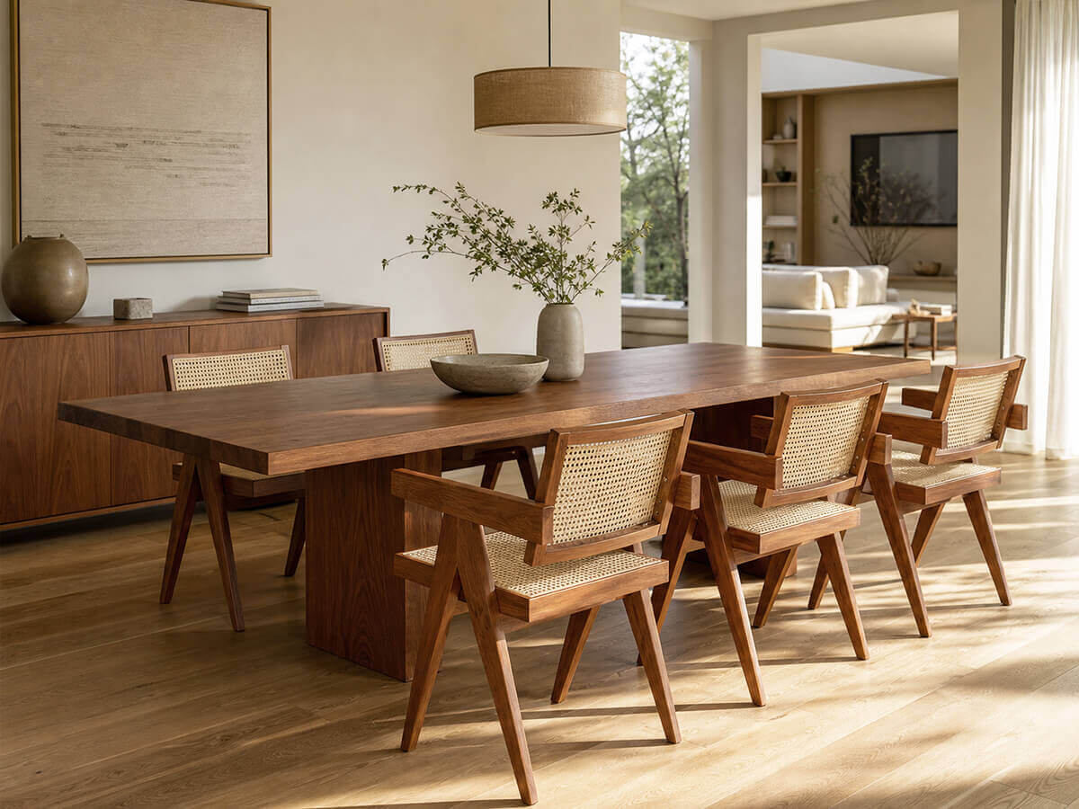 Sandy dining chairs paired with a solid timber dining table