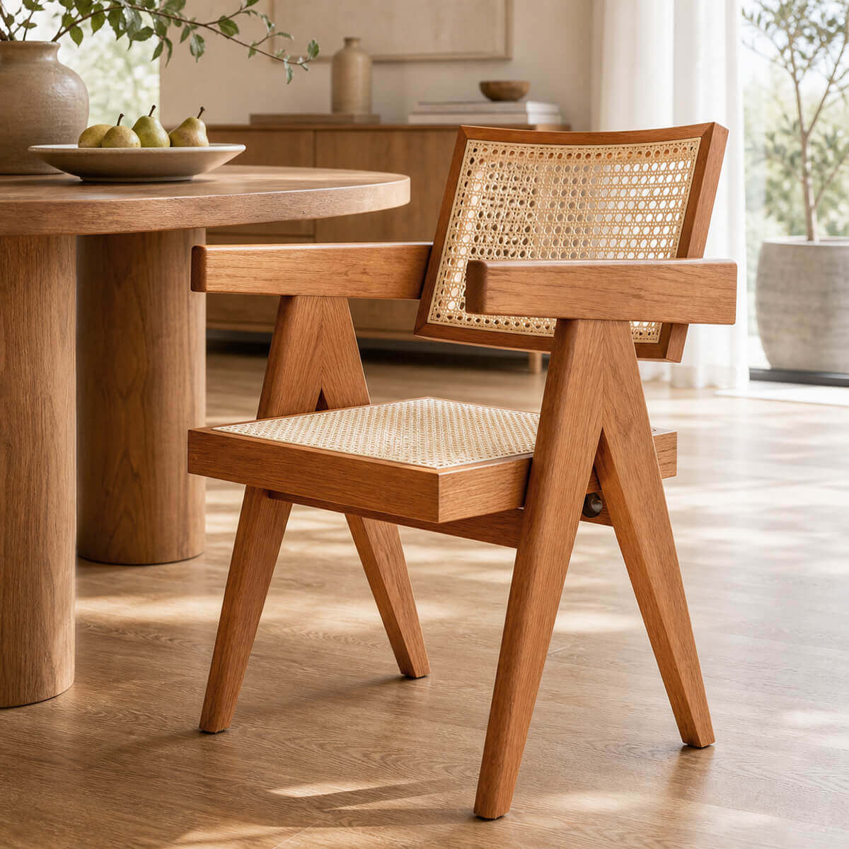 Sandy dining chair in cherry with handwoven rattan