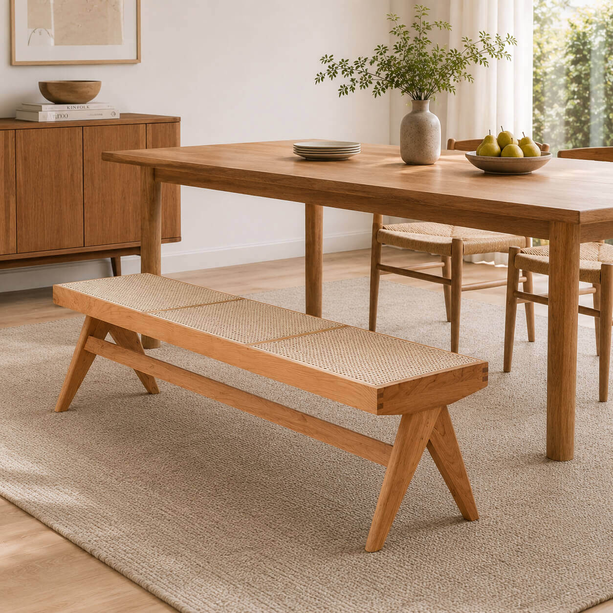 Sandy solid timber bench with natural rattan seat in a contemporary dining room