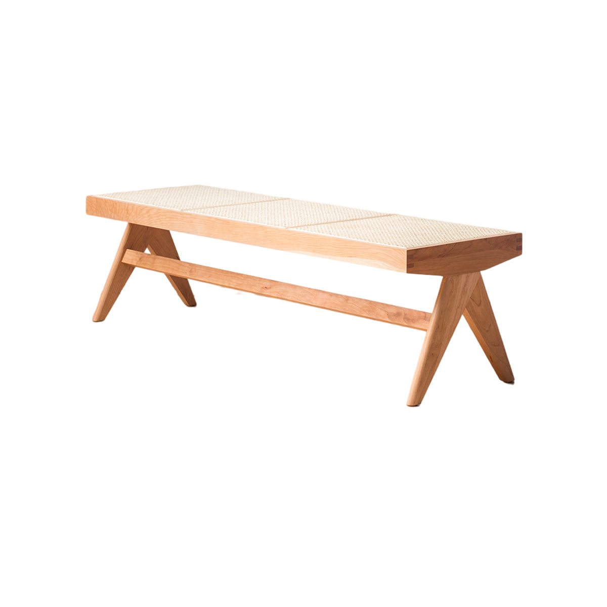 Sandy solid timber bench with natural rattan seat