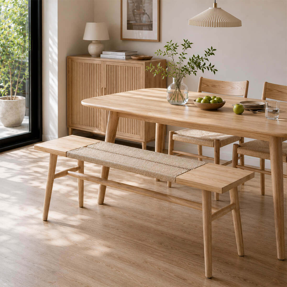 Saro solid American ash bench with woven paper cord seat in a contemporary dining room