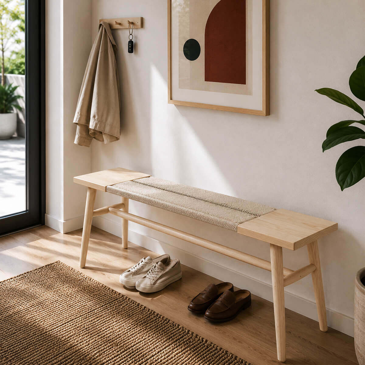 Saro solid American ash bench with woven paper cord seat in a modern entryway