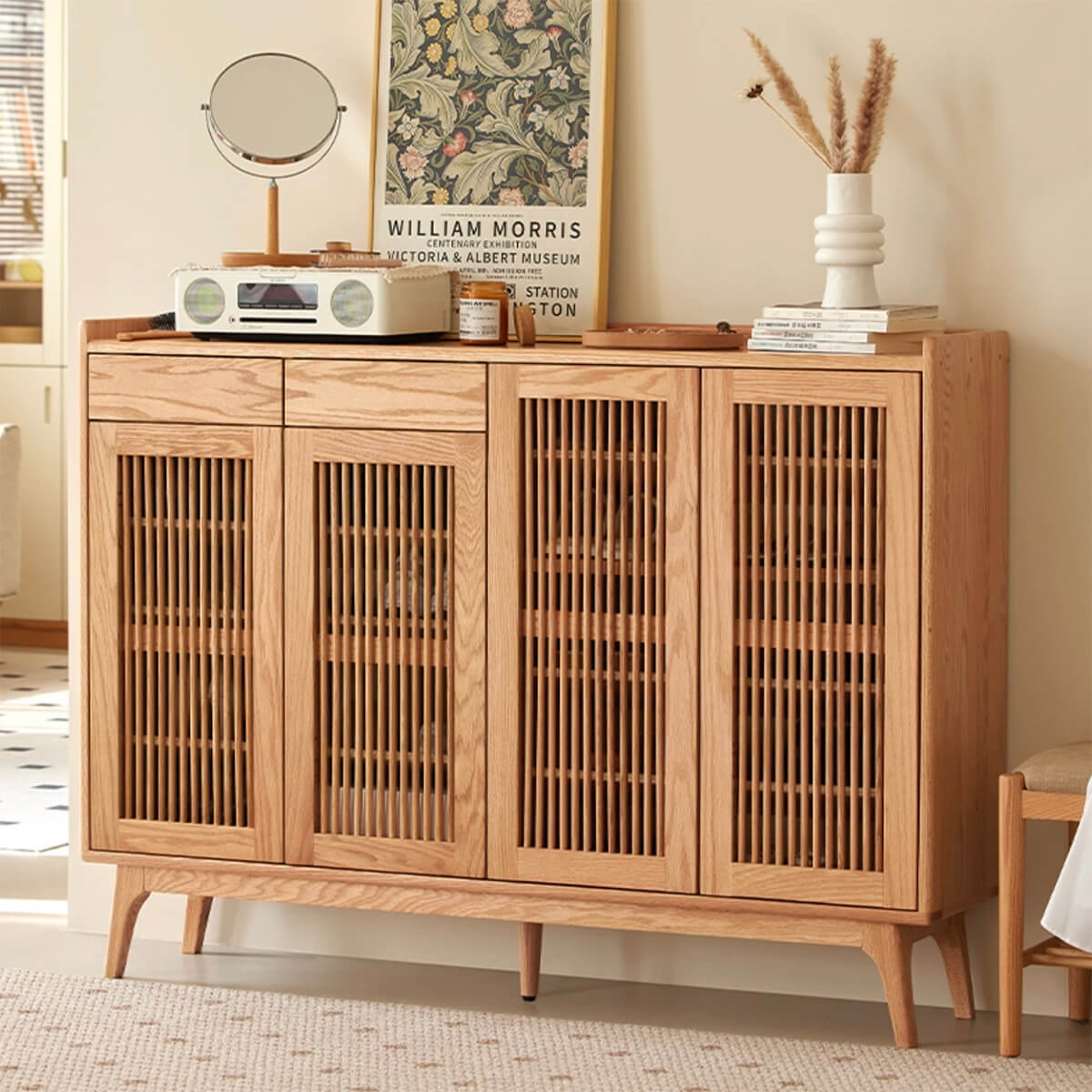 Sarona solid oak shoe cabinet 1400W in contemporary bedroom entryway