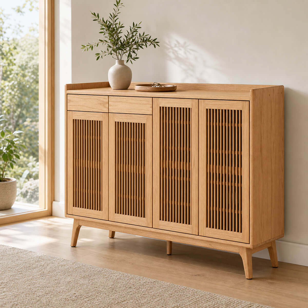 Sarona solid oak shoe cabinet 1400W in modern hallway setting