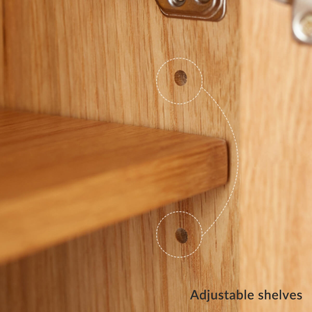 Sarona solid oak shoe cabinet adjustable shelf system detail