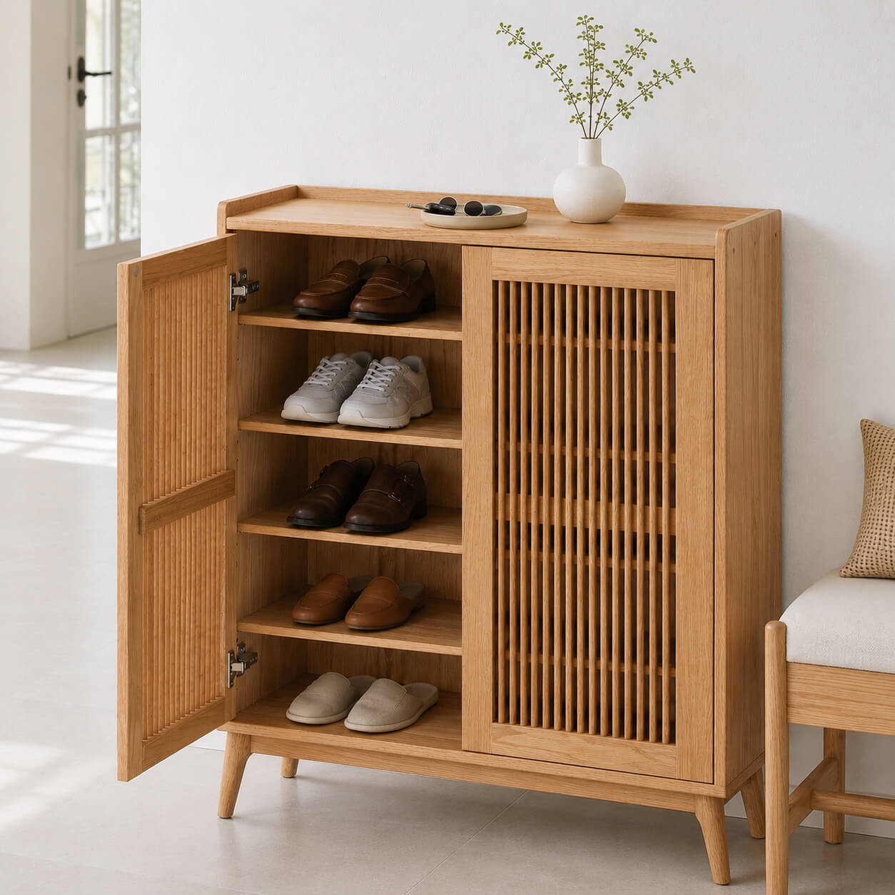 Sarona Solid Oak Shoe Cabinet with open door showing adjustable shelves and shoe storage