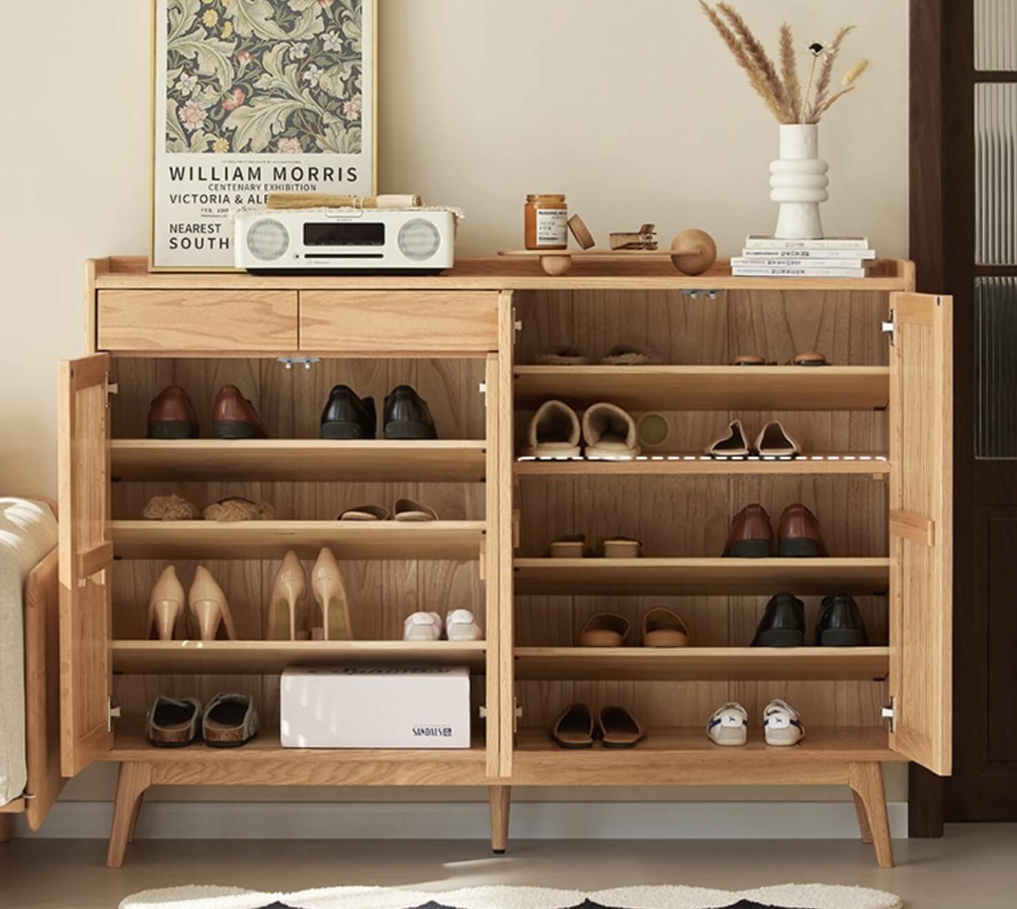 Sarona solid oak shoe cabinet with doors open showing adjustable storage shelves