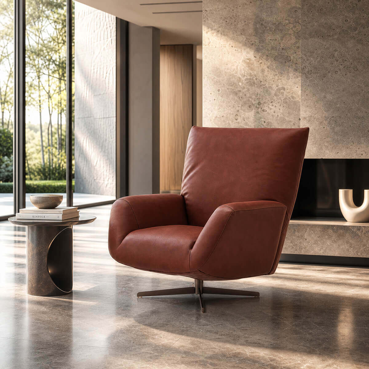 Siena Semi-Aniline Leather Swivel Lounge Chair in AK09 Brown Leather