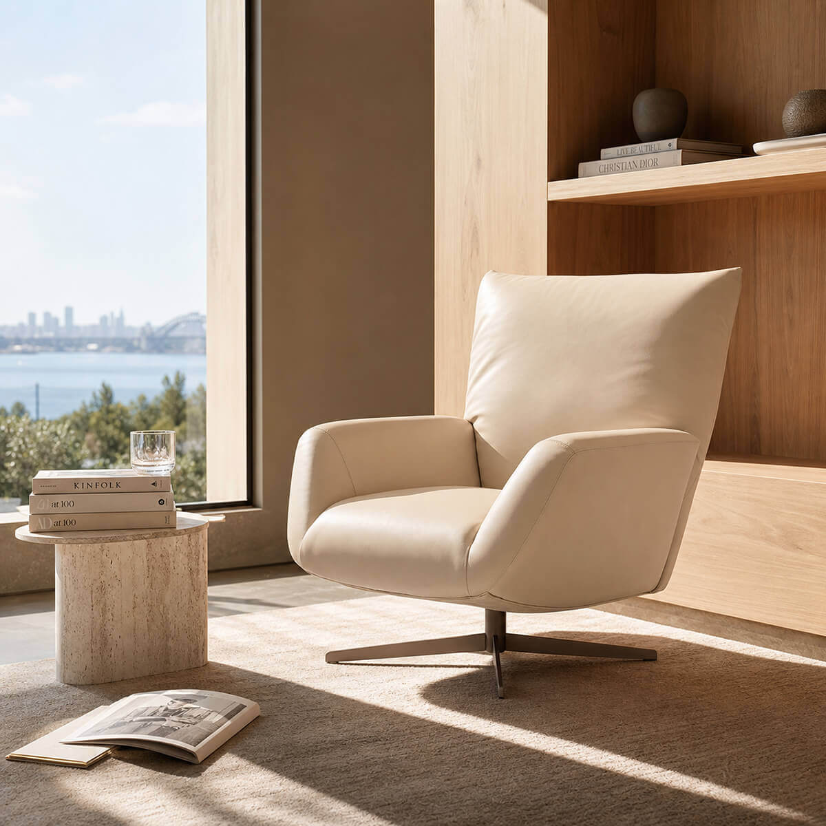 Siena Semi-Aniline Leather Swivel Lounge Chair in AK10 Beige Leather