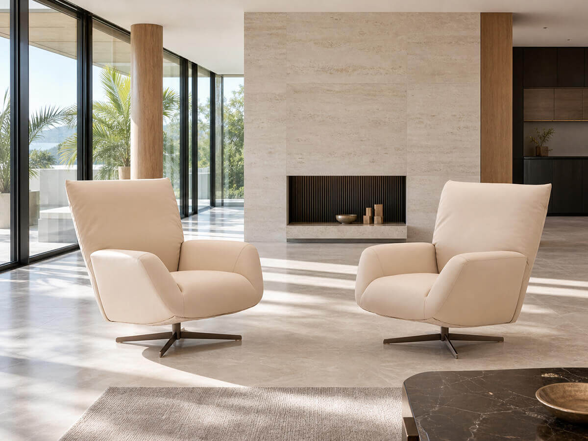 Pair of Siena Full Grain Leather Swivel Lounge Chairs in AK10 Beige Leather