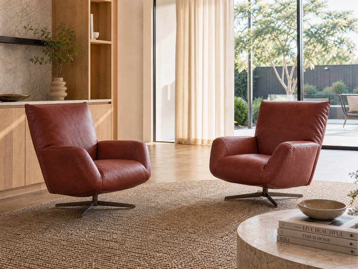 Pair of Siena Full Grain Leather Swivel Lounge Chairs in AK09 Brown Leather