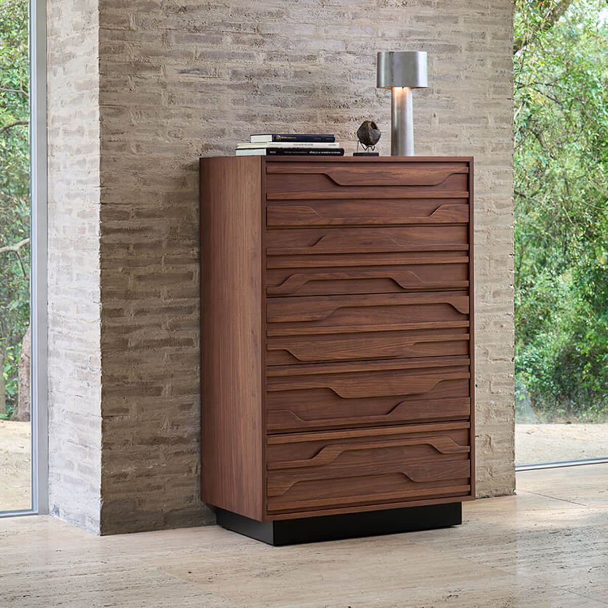Siena Walnut 5 Drawer Chest of Drawers in a contemporary bedroom