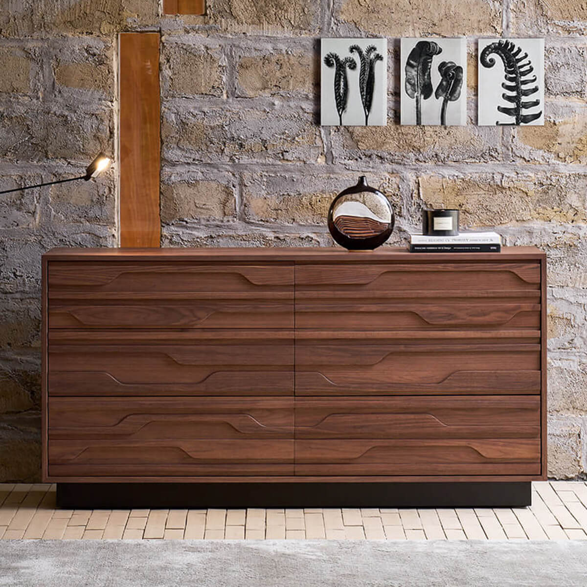 Siena Walnut 6 Drawer Chest of Drawers in a contemporary bedroom
