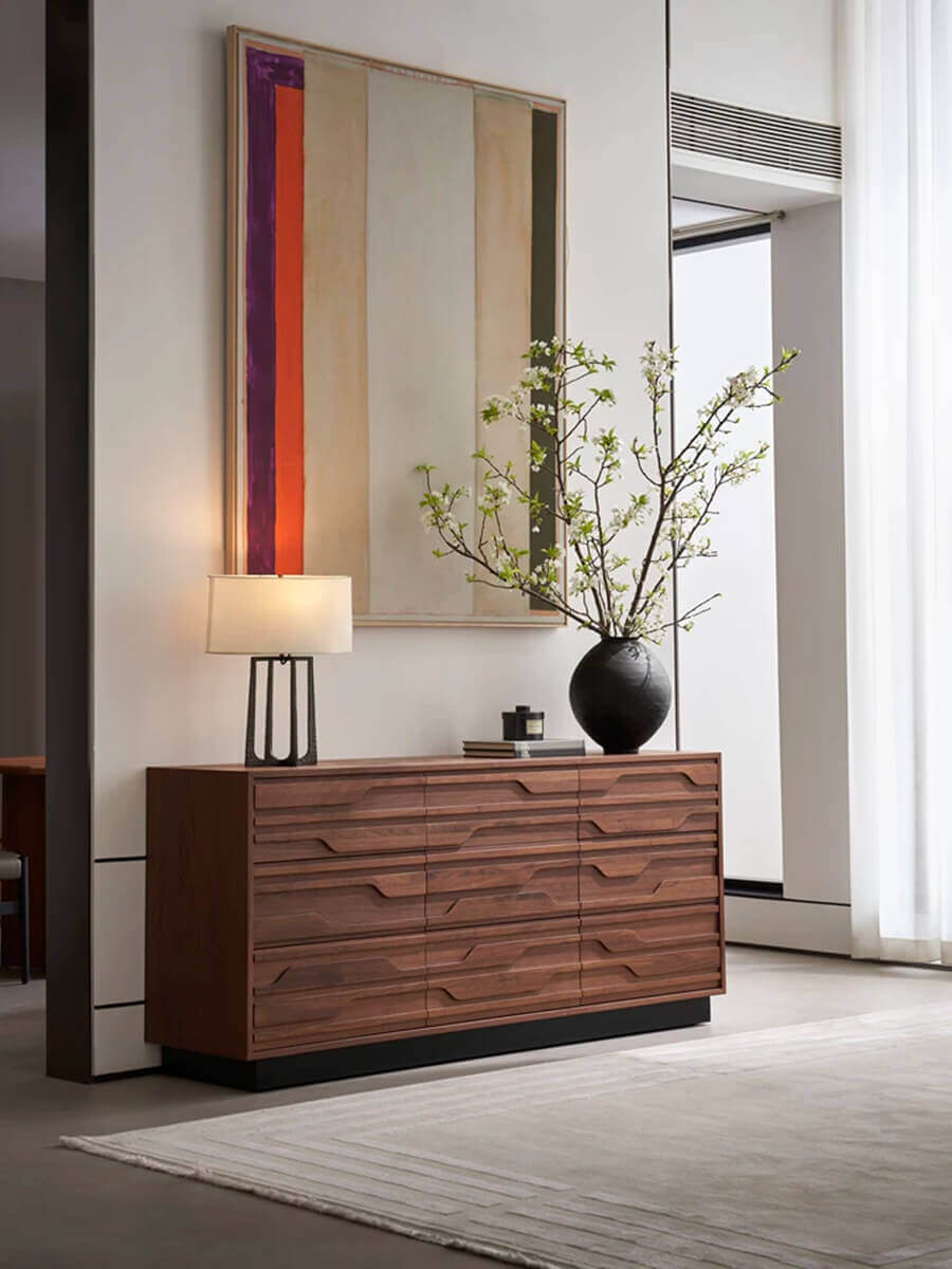 Siena Walnut Chest of Drawers styled in a contemporary bedroom