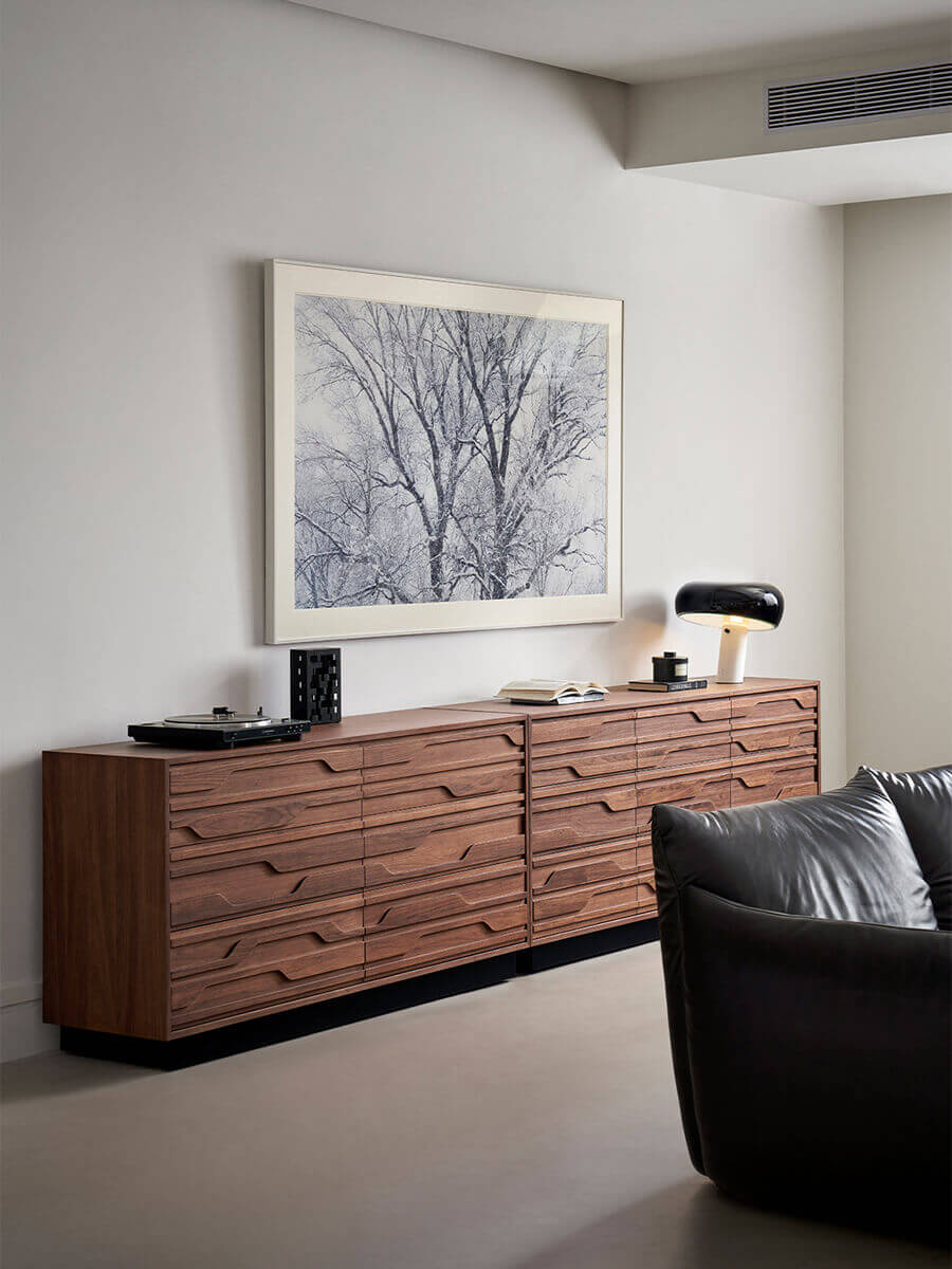 Siena Walnut Chest of Drawers styled in a contemporary living room