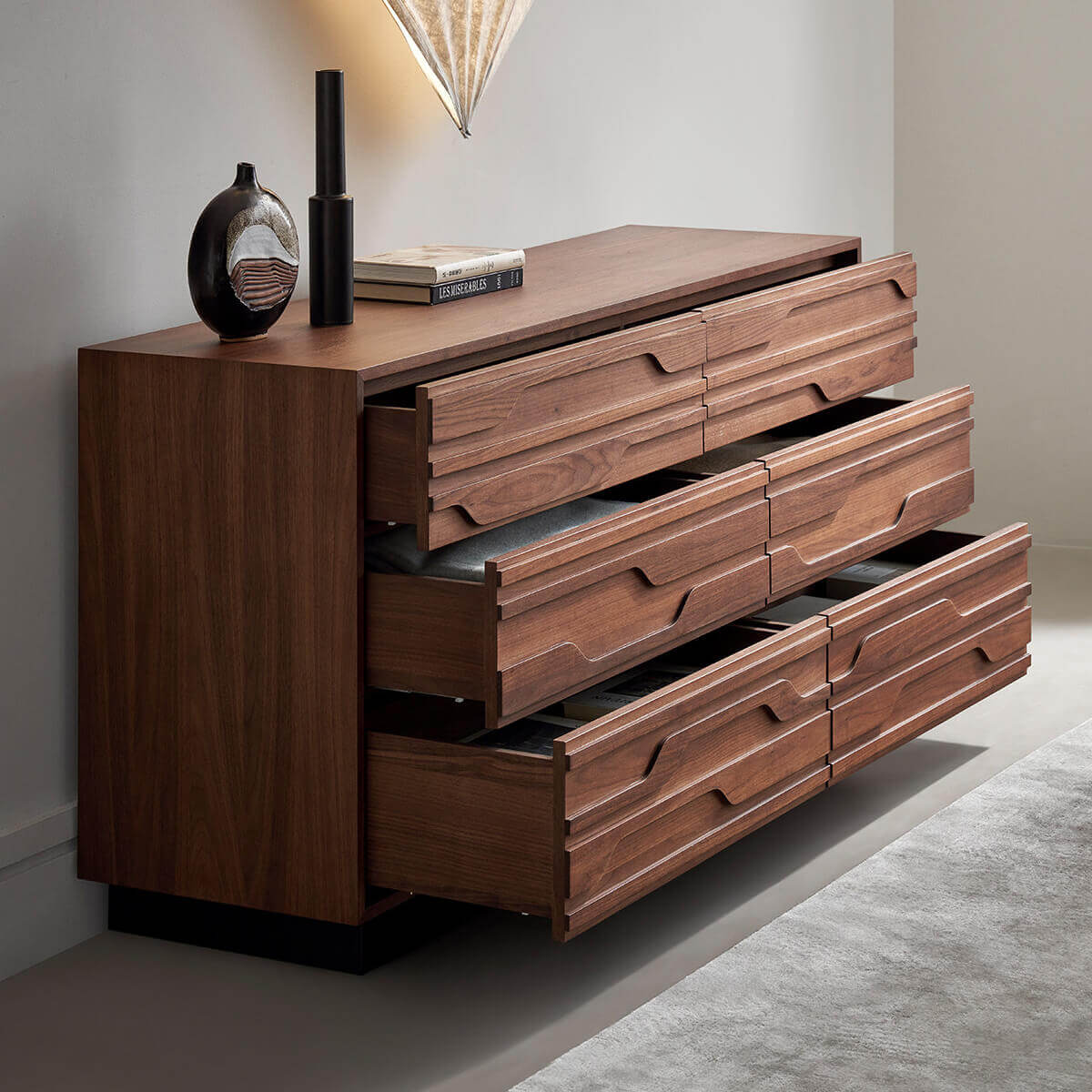 Siena Walnut Chest of Drawers with multiple drawers open