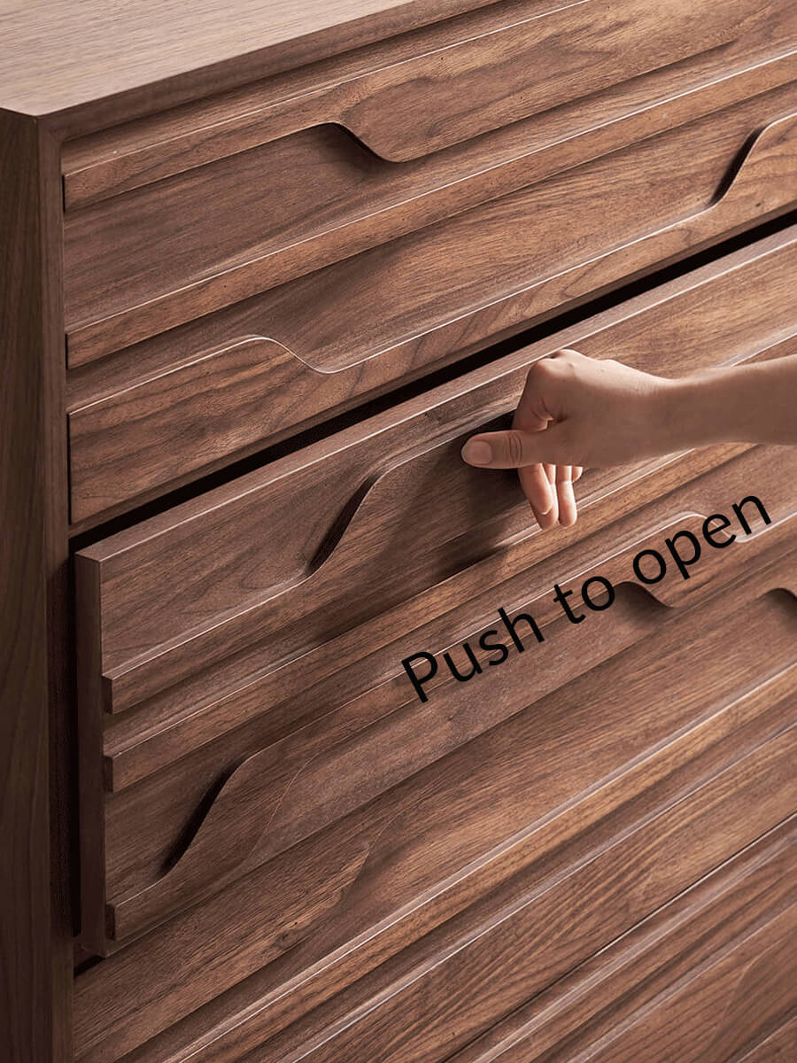 Push-to-open drawer detail of the Siena Walnut Chest of Drawers