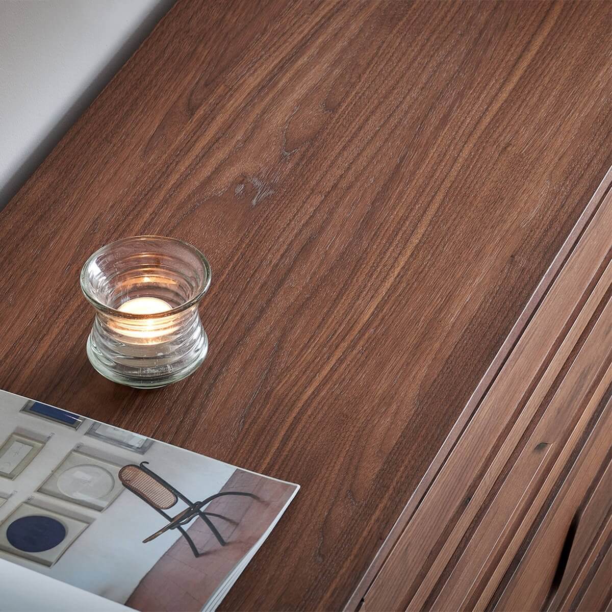 Close-up of the premium walnut veneer finish on the Siena Walnut Chest of Drawers