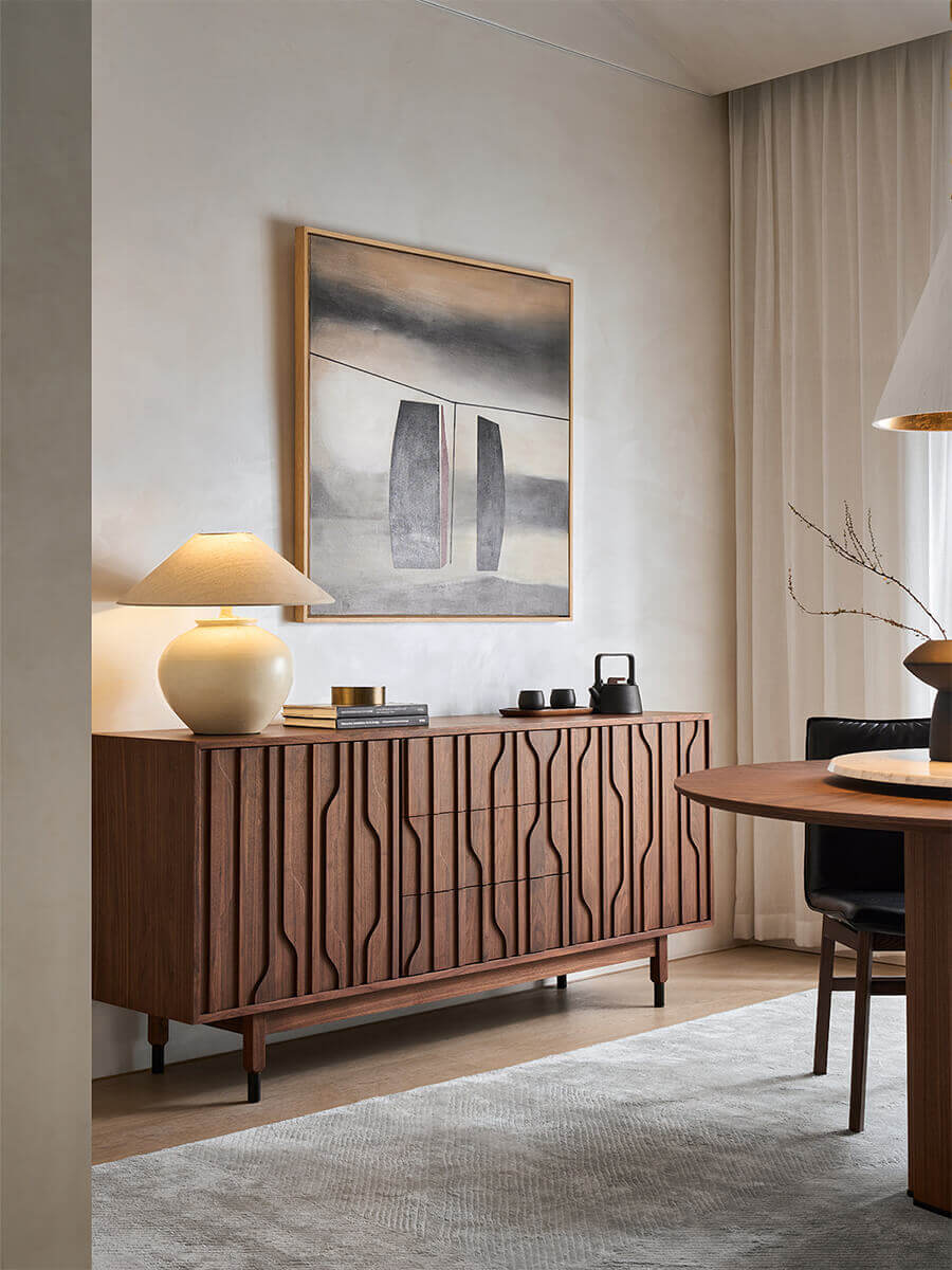 Siena Walnut Sideboard styled in a contemporary dining room