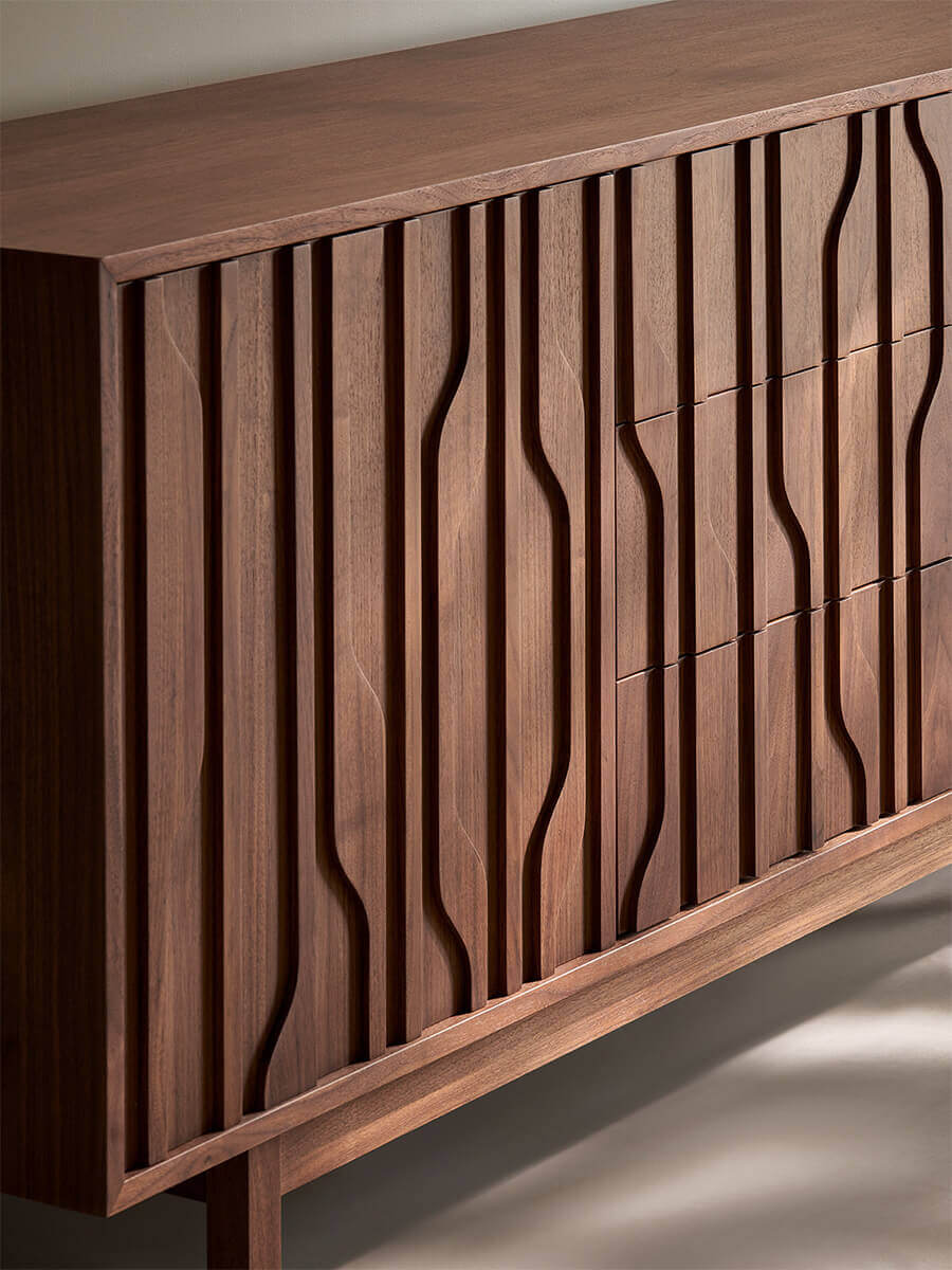 Close-up detail of the sculptural fluted front battens on the Siena Sideboard