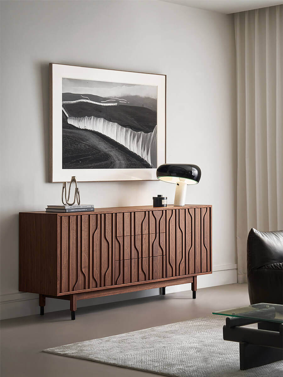 Siena Walnut Sideboard styled in a contemporary living room