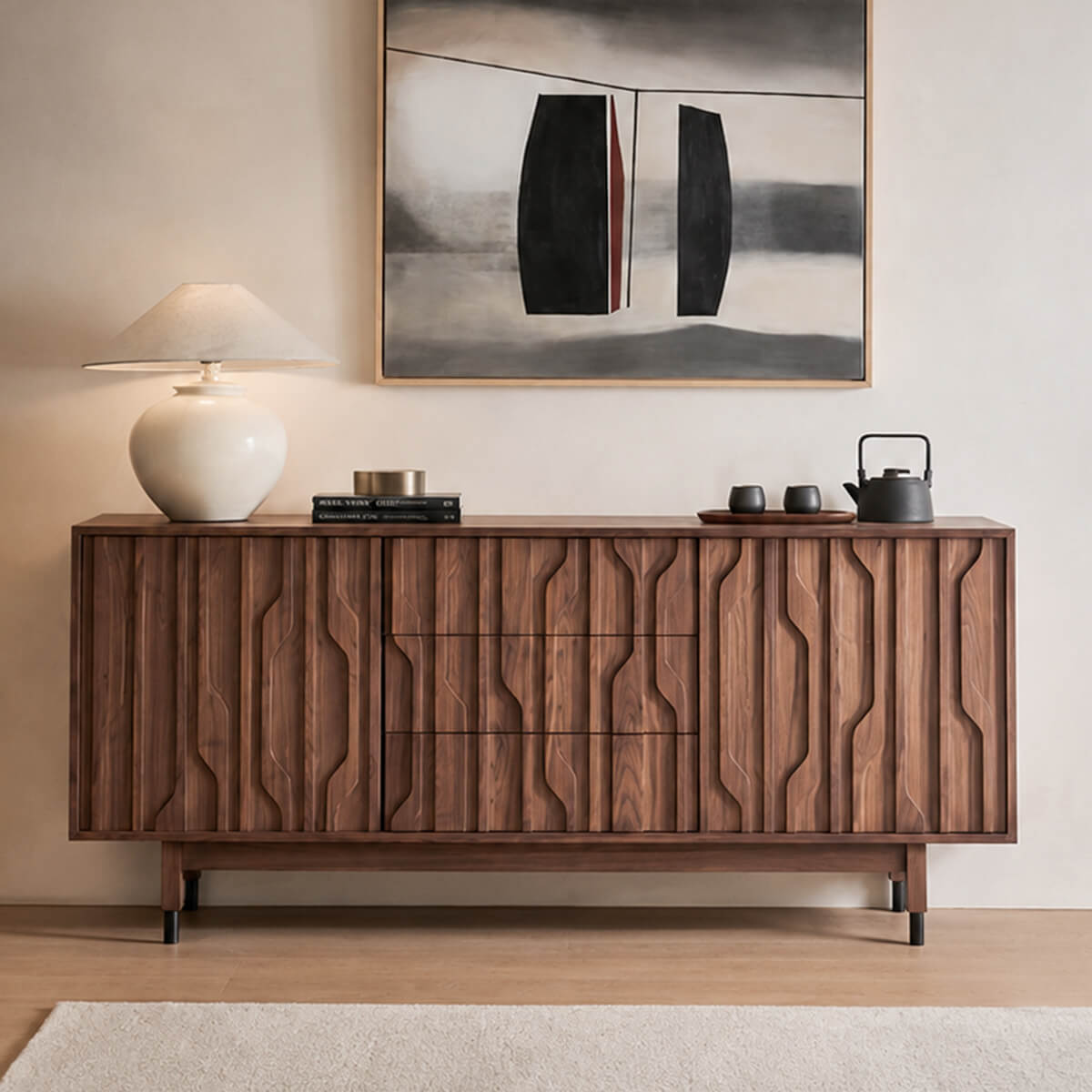 Siena Walnut Sideboard with sculptural fluted doors in a contemporary interior