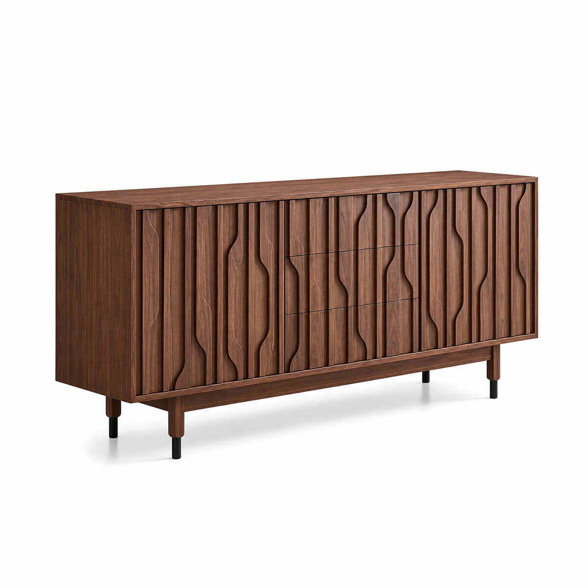 Siena Walnut Sideboard with sculptural walnut front on a white background