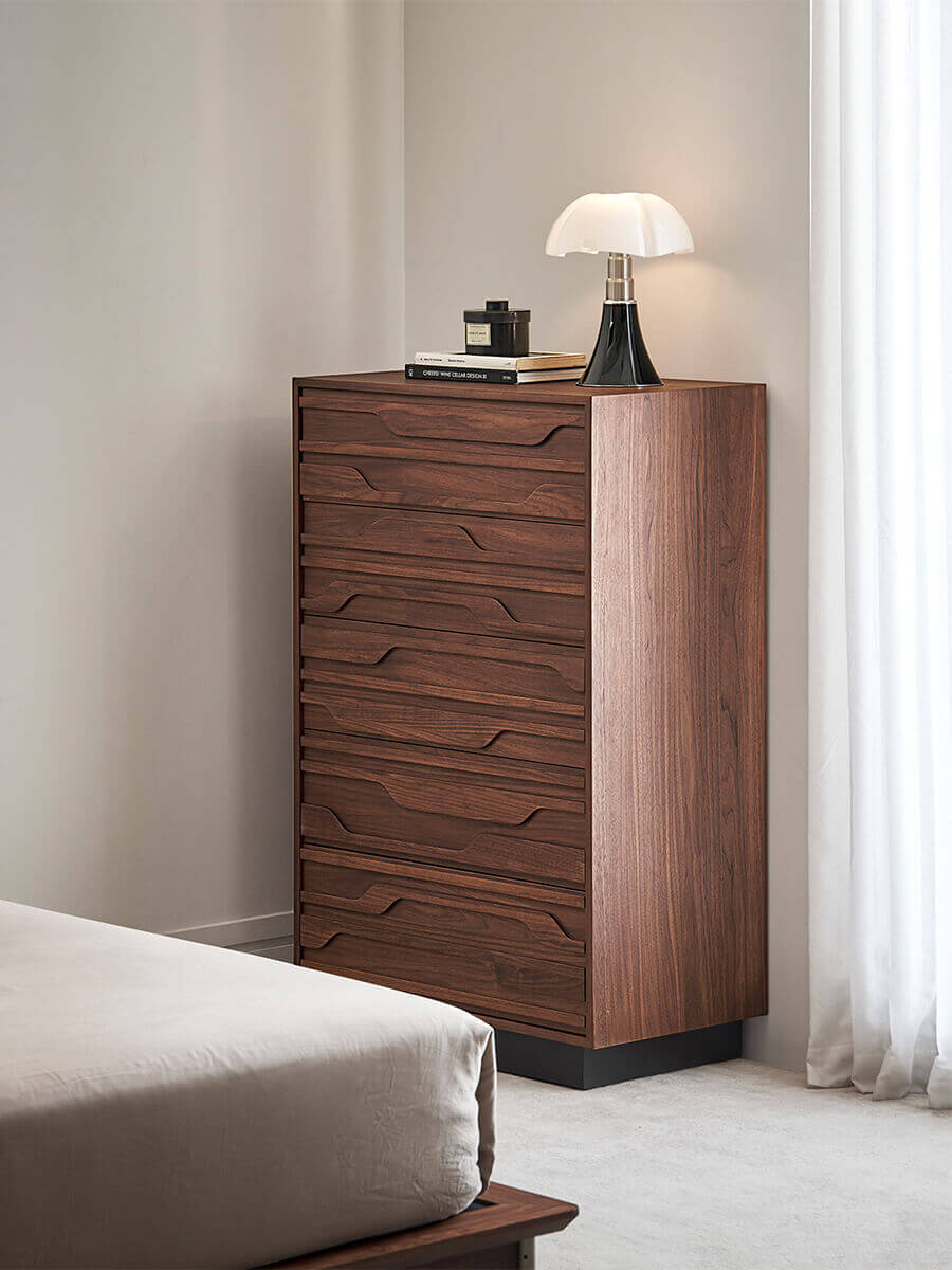Siena Walnut Tallboy in a contemporary bedroom