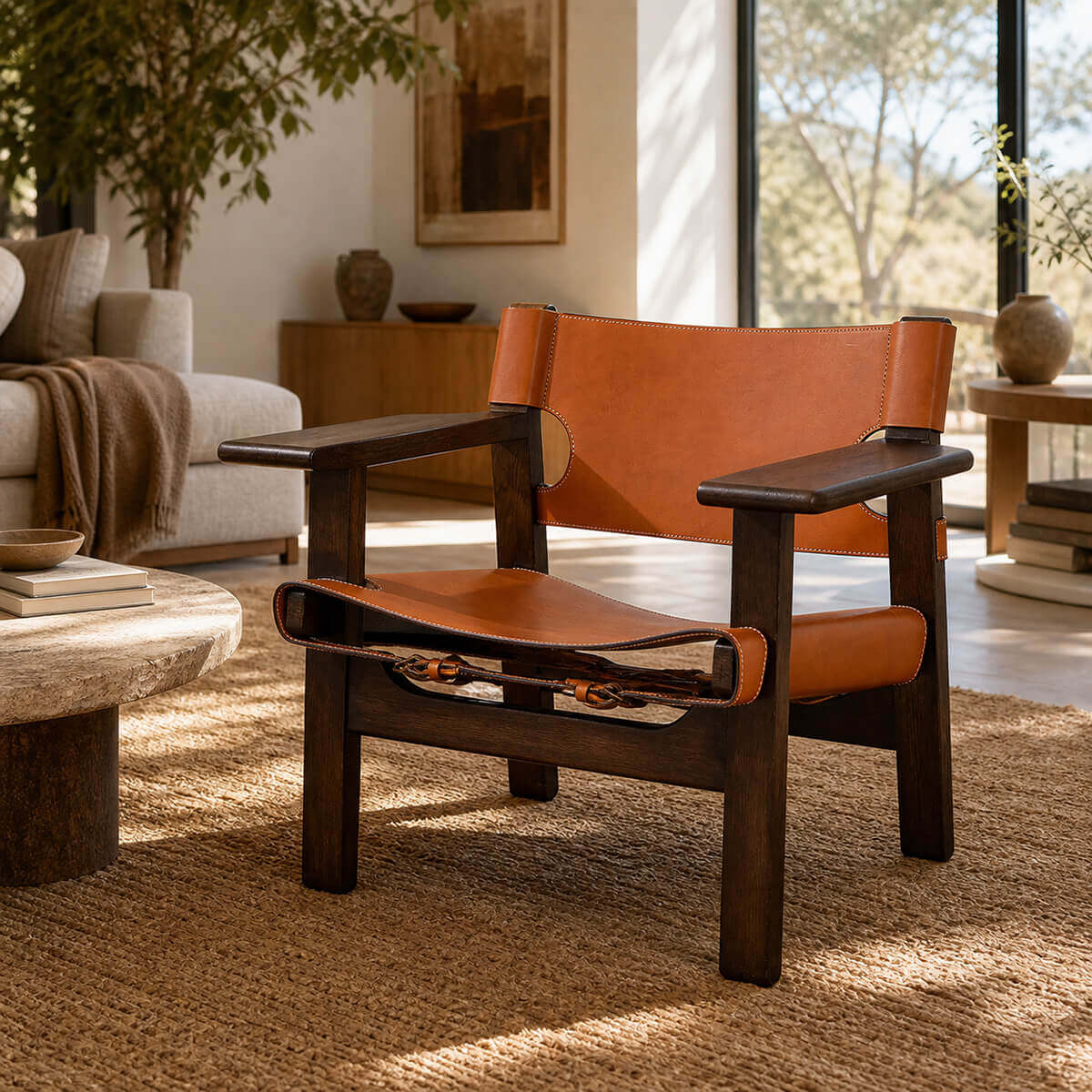 Spanish saddle leather armchair in reading room setting