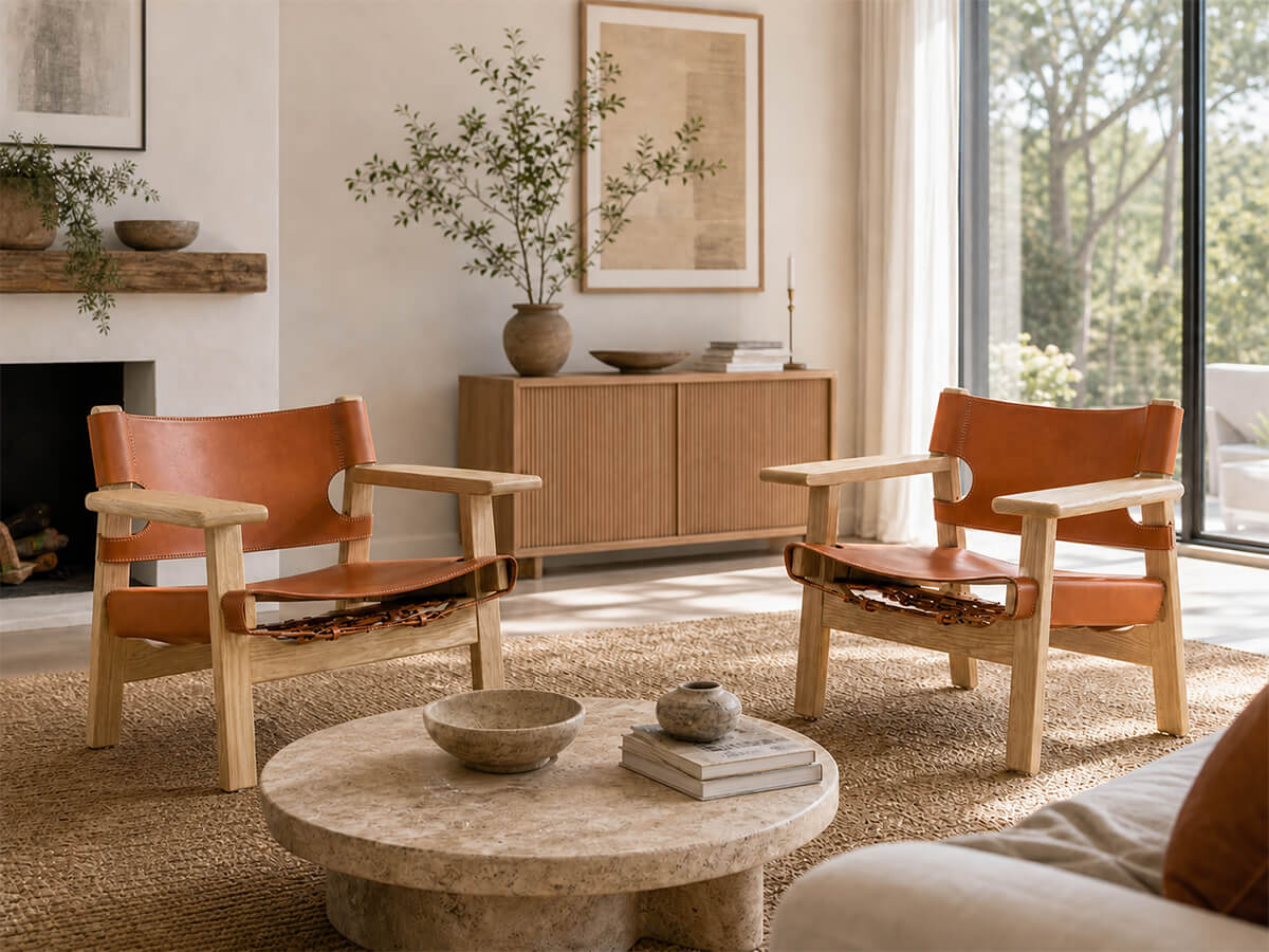 Two Spanish armchairs with natural ash frames in living room