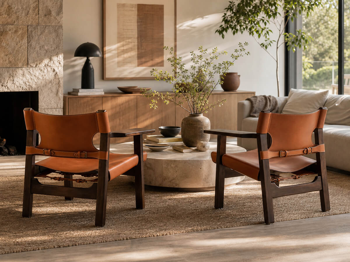 Two Spanish armchairs with natural ash frames in living room