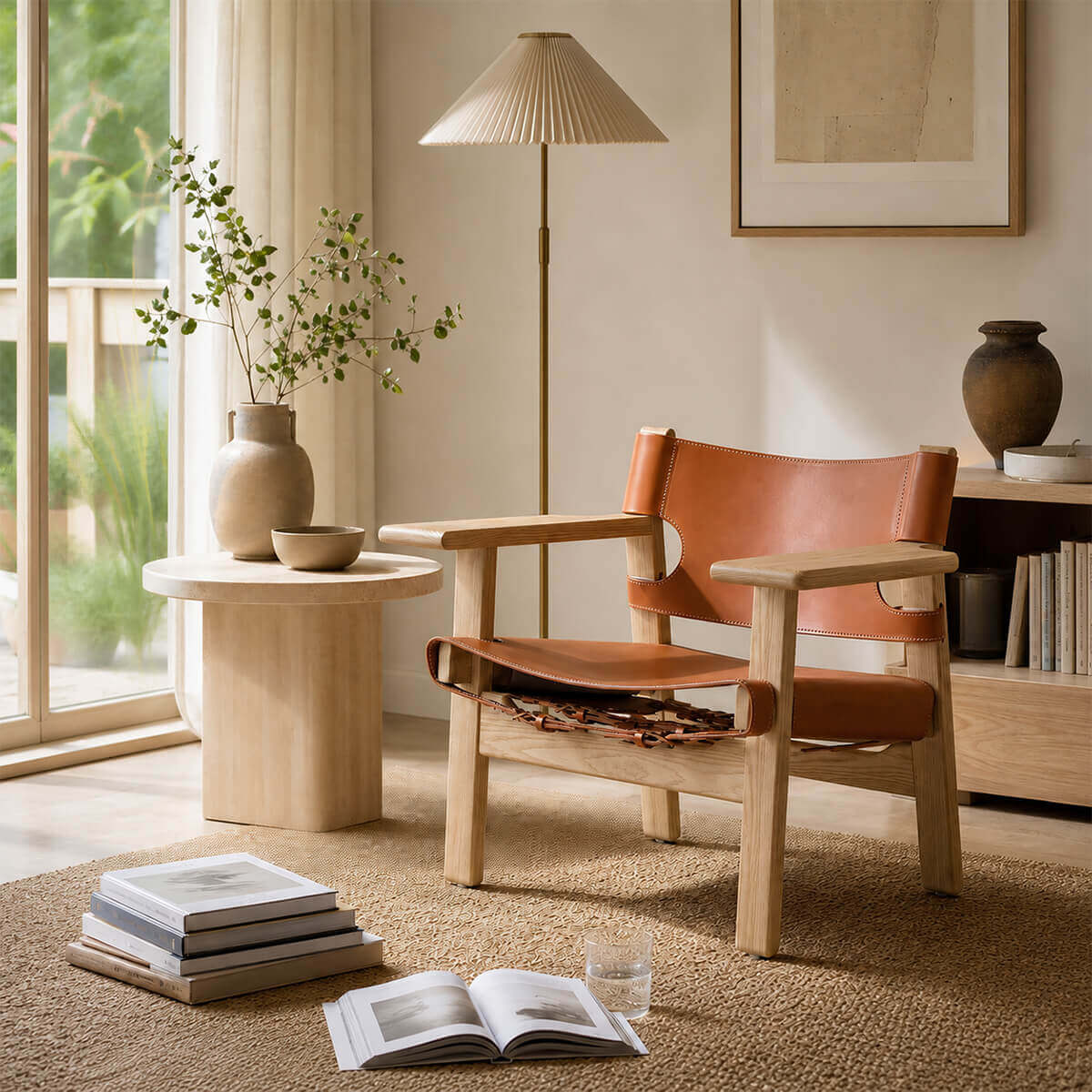 Spanish saddle leather armchair in reading room setting