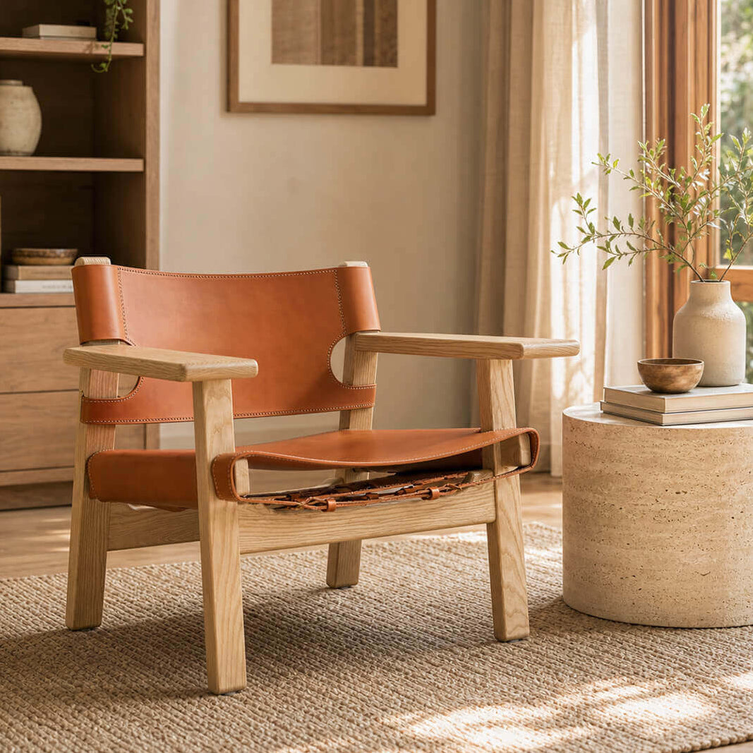 Spanish armchair replica in warm contemporary living room