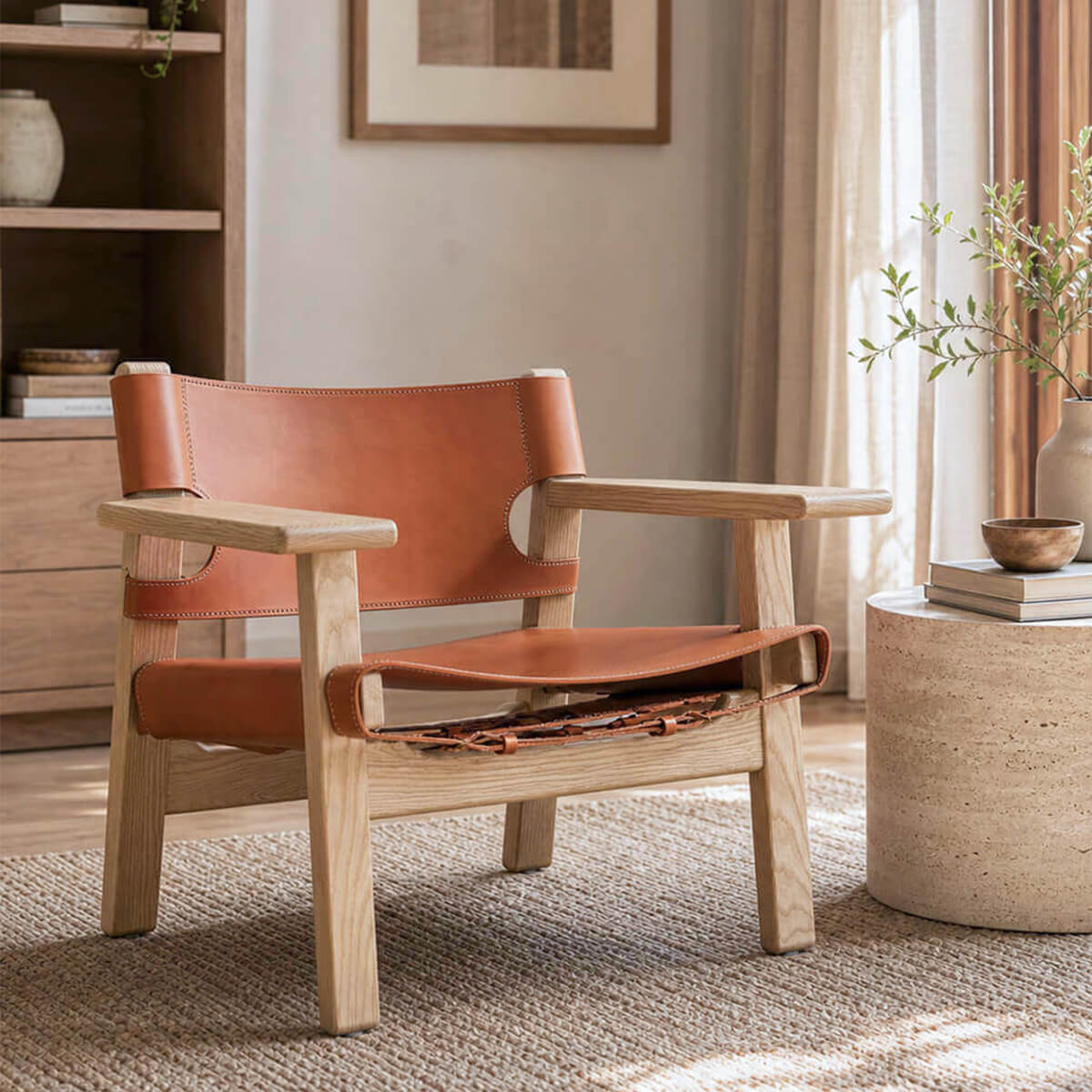 Spanish Armchair Replica in saddle leather with solid American ash frame