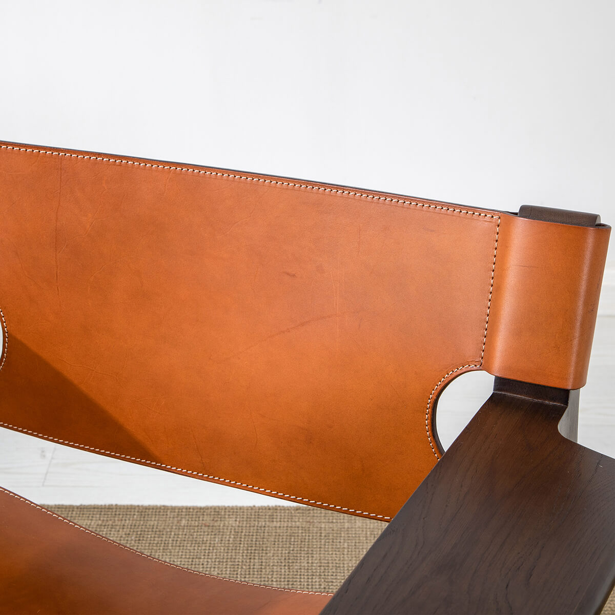 saddle leather detail of Spanish armchair 