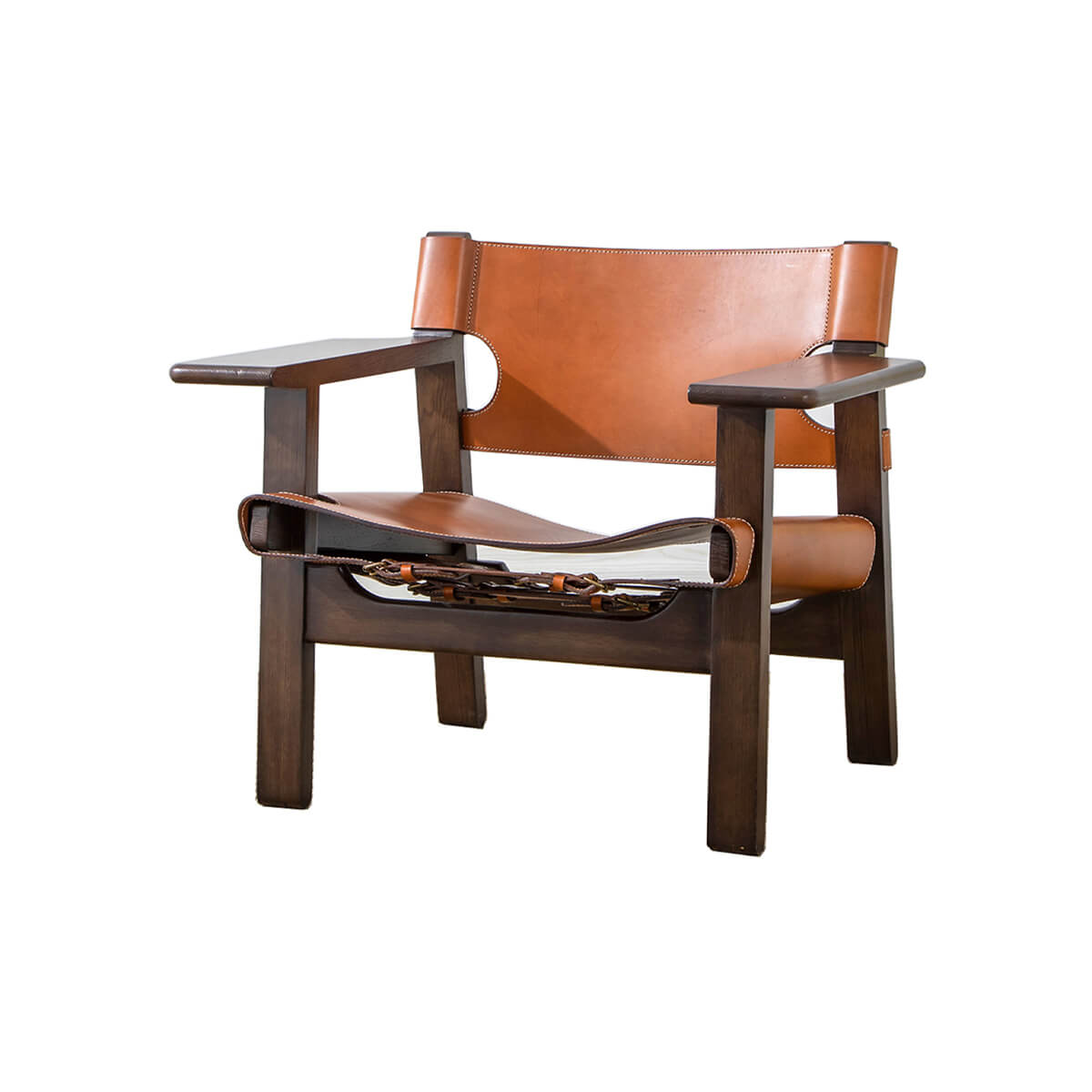 Spanish armchair with smoky ash frame and saddle leather