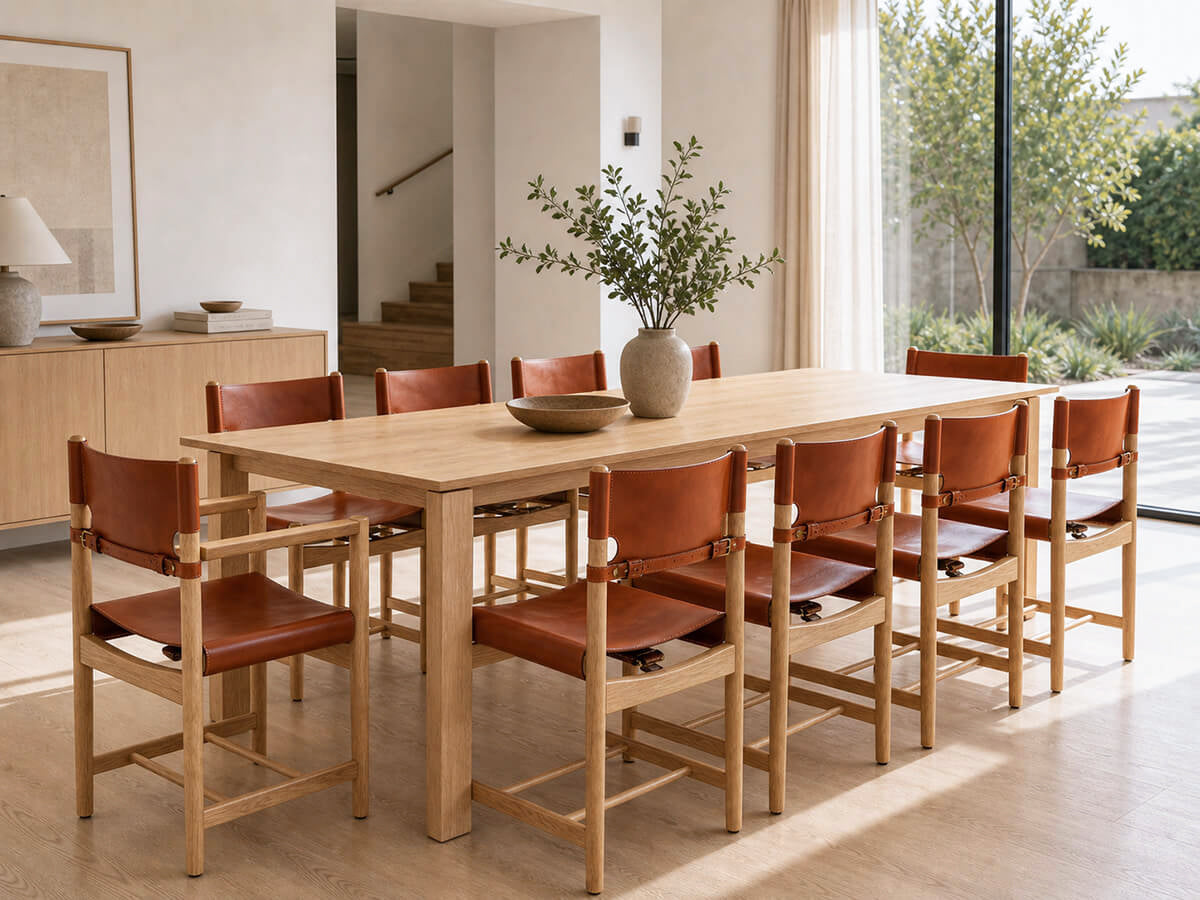 Spanish saddle leather dining chairs around timber dining table