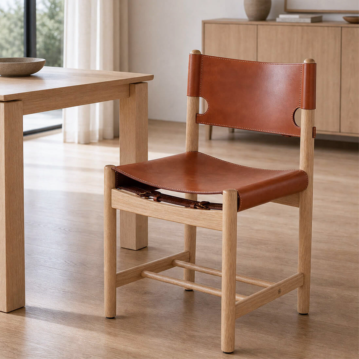 Spanish Dining Chair Replica in saddle leather with solid American ash frame