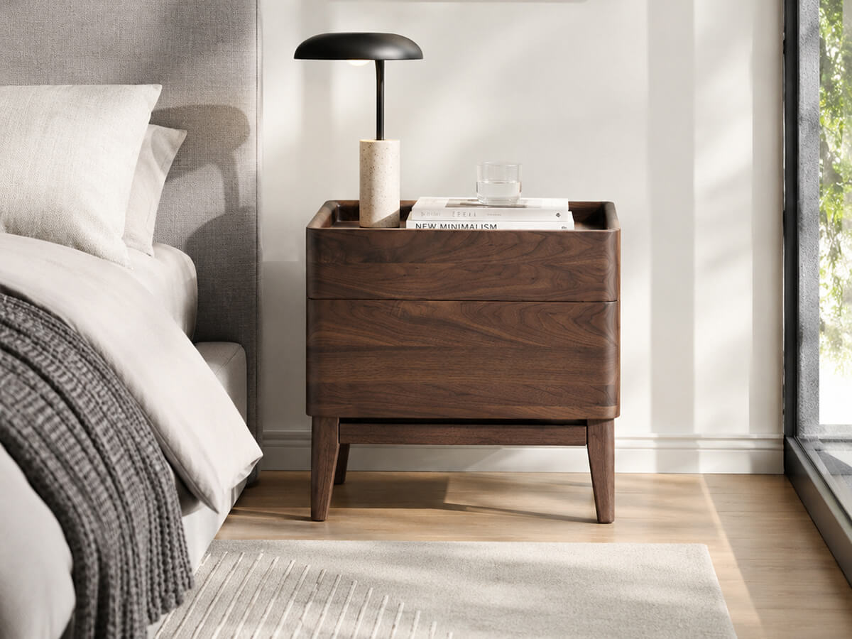 Stanley Solid Walnut Bedside Table in bright modern bedroom