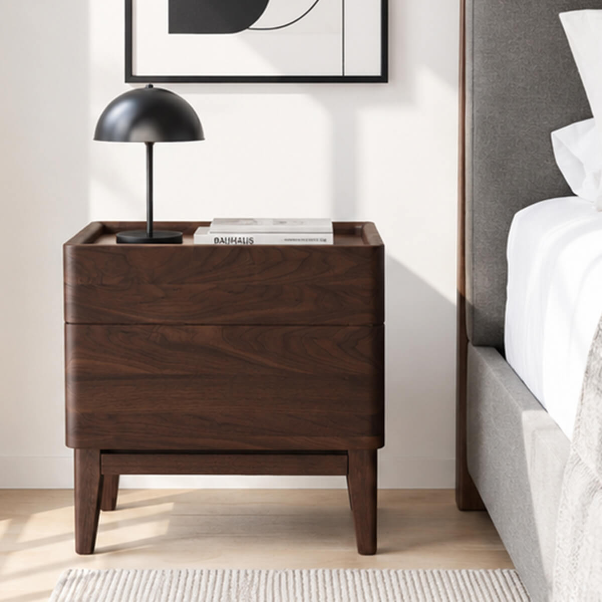 Stanley Solid Walnut Bedside Table in modern bedroom setting